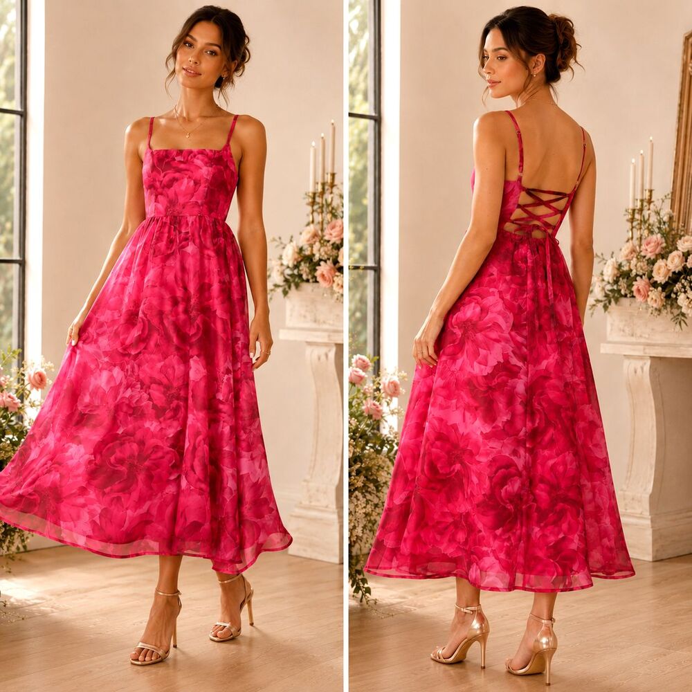 Lulus Floral Midi Dress XS Pink Organza Lace Up Back Lined Sleeveless Party EUC